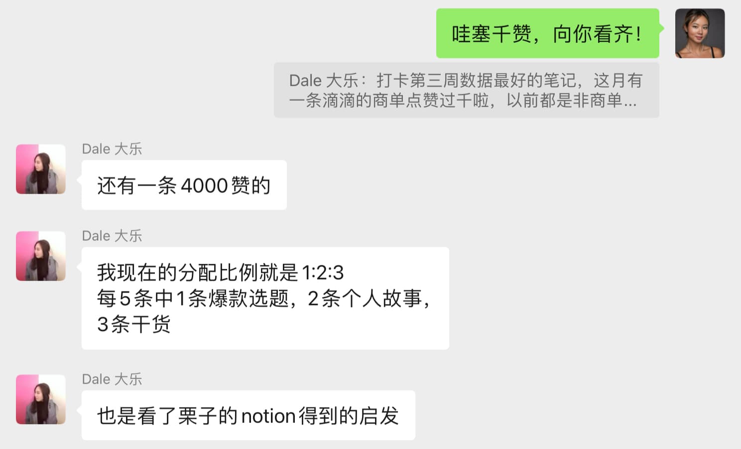 大乐分享一条4000赞的内容，并表示内容分配受到栗子Notion的启发。