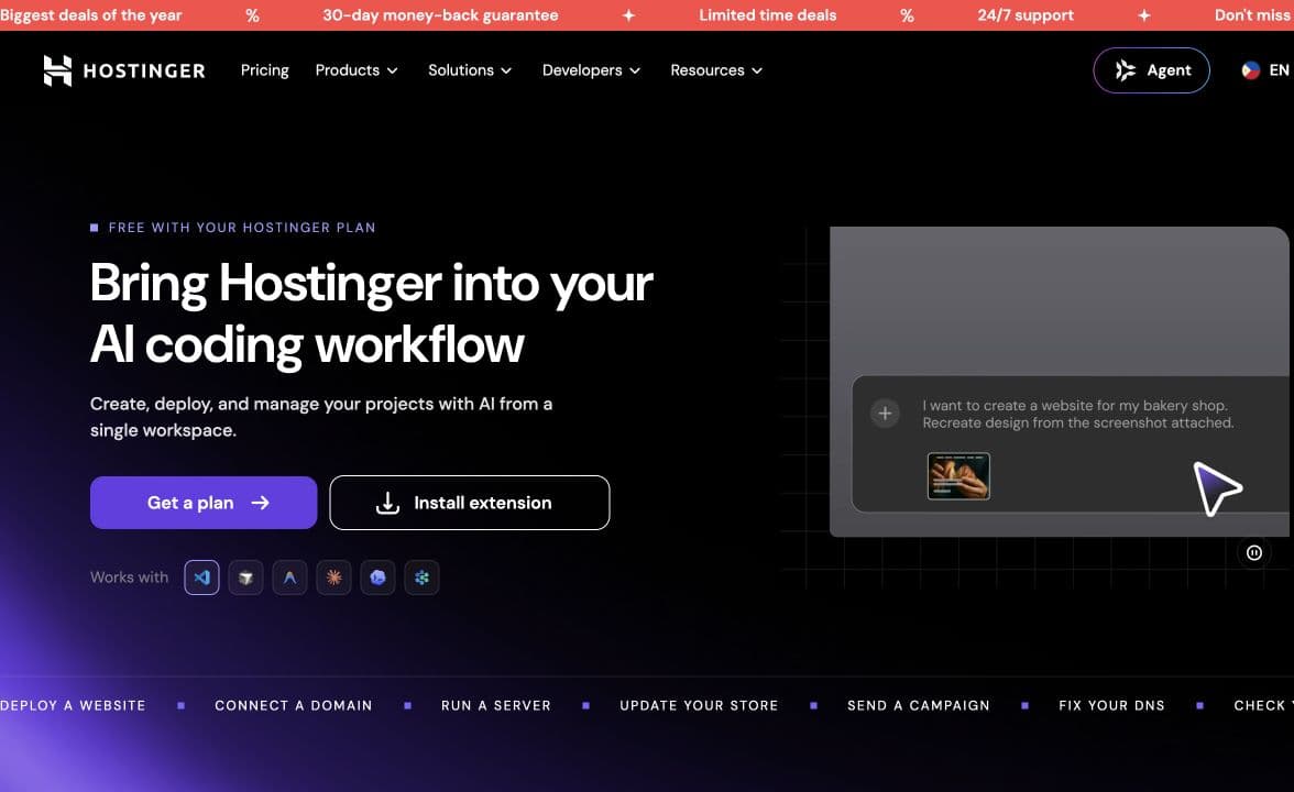 Hostinger Connector 官网截图：通过 AI 编程助手创建、部署与管理网站